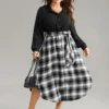 Plaid Patchwork Button Through Belted Dress