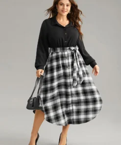Plaid Patchwork Button Through Belted Dress