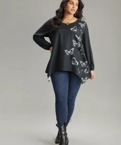 Butterfly Crew Neck Lantern Sleeve Hanky Hem Blouse -Clothing Shop 354796023 ip