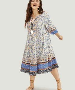 Bandana Tassels Ties Neck Pocket Ruffle Hem Dress -Clothing Shop 354847387 su