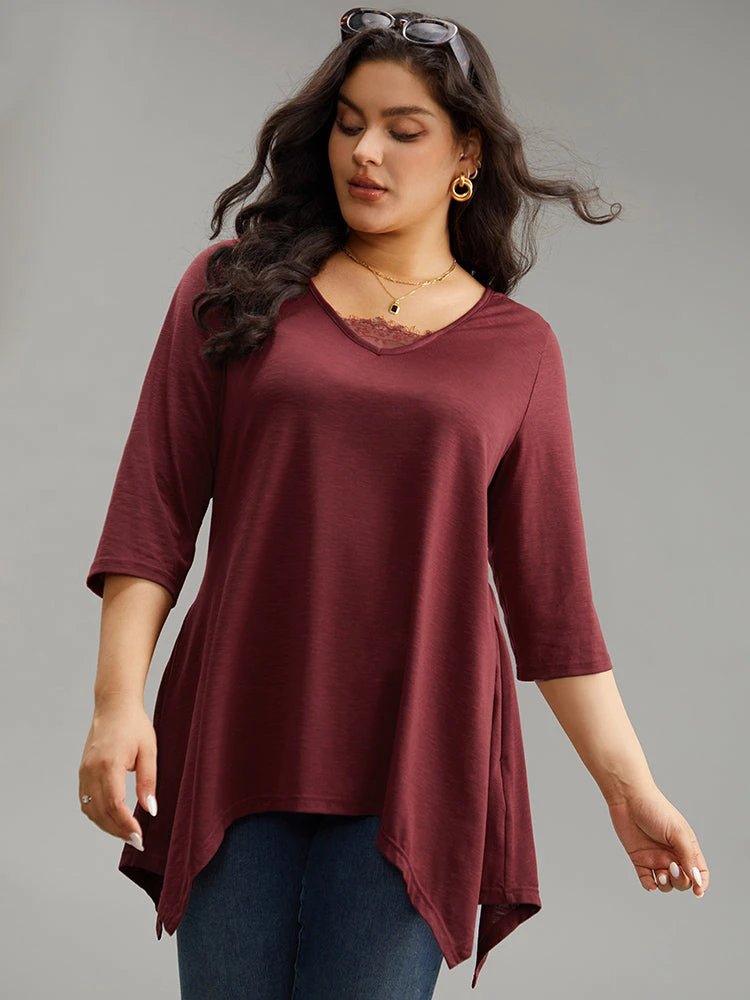 Solid Crochet Lace Mesh Hanky Hem T-shirt 3 Solid Crochet Lace Mesh Hanky Hem T-shirt