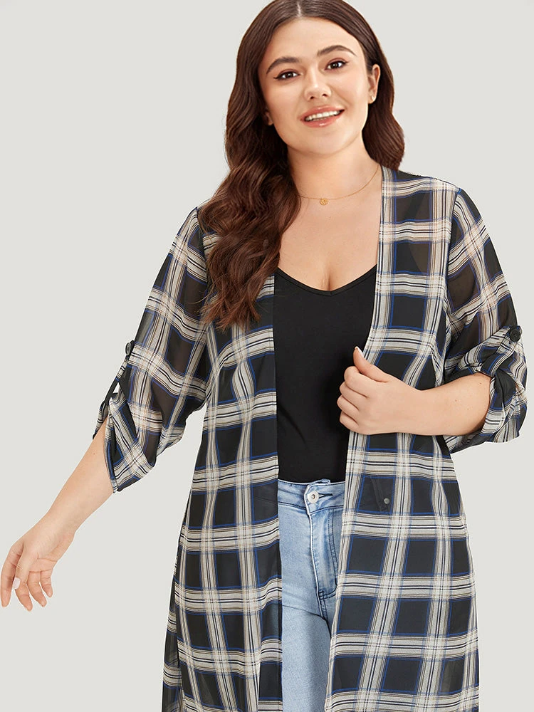 Plaid Pocket Open Front Roll Tab Sleeve Kimono 8 Plaid Pocket Open Front Roll Tab Sleeve Kimono - Image 6