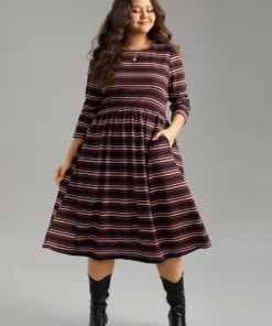 Striped Print Round Neck Pocket Elastic Waist Dress -Clothing Shop 355758926 up
