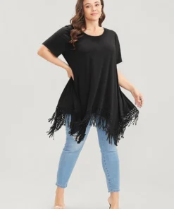 Solid Round Neck Lace Fringe Hem T-shirt 33 Solid Round Neck Lace Fringe Hem T-shirt -Clothing Shop 356013648 ma e50b614d 8089 43c4 bf71 5a2bfb5f6960
