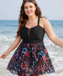Floral Print Ruffles Crisscross Front Swim Dress -Clothing Shop 356025979 cp