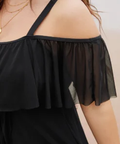 Plain Mesh Ruffle Trim Cold Shoulder Swim Dress -Clothing Shop 356127701 hv