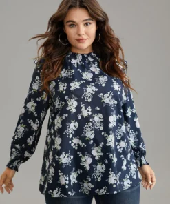 Ruffle Trim Floral Print Shirred Blouse