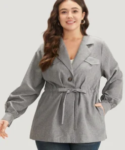 Anti-Wrinkle Plain Pocket Drawstring Button Up Suit Collar Coat