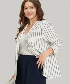 Striped Pocket Gathered Lapel Collar Blazer -Clothing Shop 357771432 eu