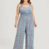 Striped Contrast Buckle Detail Pocket Shirred Jumpsuit