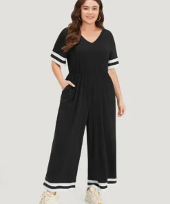 Striped Contrast V Neck Pocket Elastic Waist Jumpsuit 14 Striped Contrast V Neck Pocket Elastic Waist Jumpsuit -Clothing Shop 359119926 yi