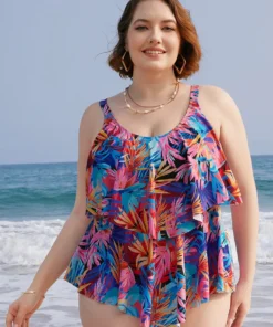 Tropical Print Ruffle Tiered Tankini Top