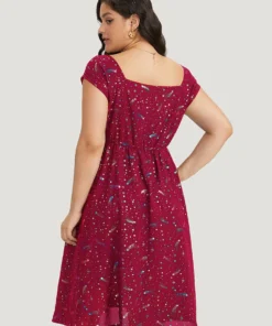 Star Glitter Pocket Ruched Square Neck Dress -Clothing Shop 360198211 jk