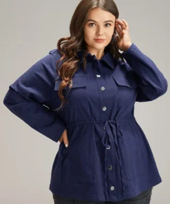 Solid Metal Detail Pocket Drawstring Coat -Clothing Shop 360582898 hk