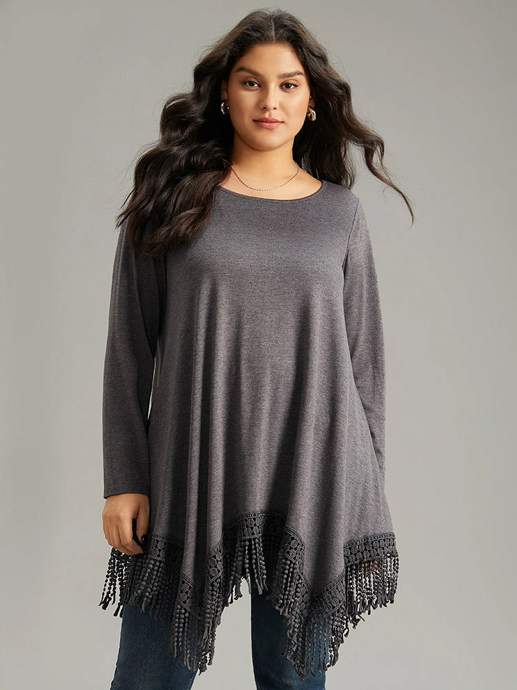 Solid Tassels Trim Pocket Asymmetrical Hem T-shirt 5 Solid Tassels Trim Pocket Asymmetrical Hem T-shirt - Image 3