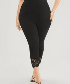 Solid Scalloped Trim Elastic Waist Pocket Lace Hem Pants -Clothing Shop 360627813 ja