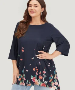 Floral Print Crew Neck Asymmetrical Hem T-shirt -Clothing Shop 361072382 aj