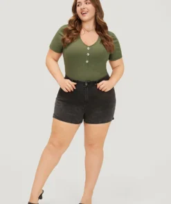 Solid Rib Knit Button Detail Bodysuit -Clothing Shop 361248168 bf