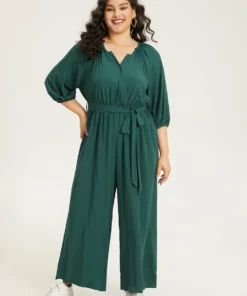Plain Notched Belted Gathered Lantern Sleeve Jumpsuit