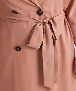 Plain Pocket Button Up Belted Lapel Collar Coat -Clothing Shop 361744329 mm