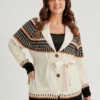 Fair Isle Pointelle Knit Belted Jacquard Button Front Cardigan
