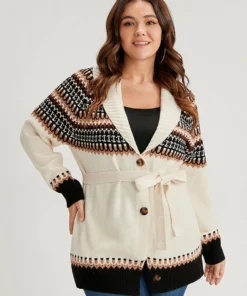 Fair Isle Pointelle Knit Belted Jacquard Button Front Cardigan