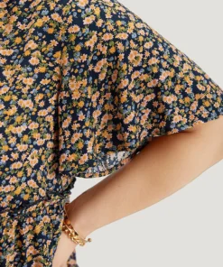 Ditsy Floral Frill Trim Shirred Mock Neck Blouse -Clothing Shop 362784793 ok