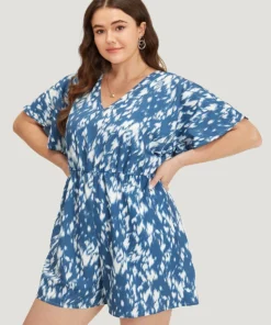 Batik Print Ruffle Sleeve Pocket Elastic Waist Jumpsuit -Clothing Shop 363658276 dm