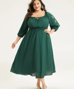 Plain Tie Neck Cut Out Shirred Dress