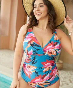 Floral Printed Ruched Buckle Detail Wrap One Piece Swimsuit -Clothing Shop 363854686 ns