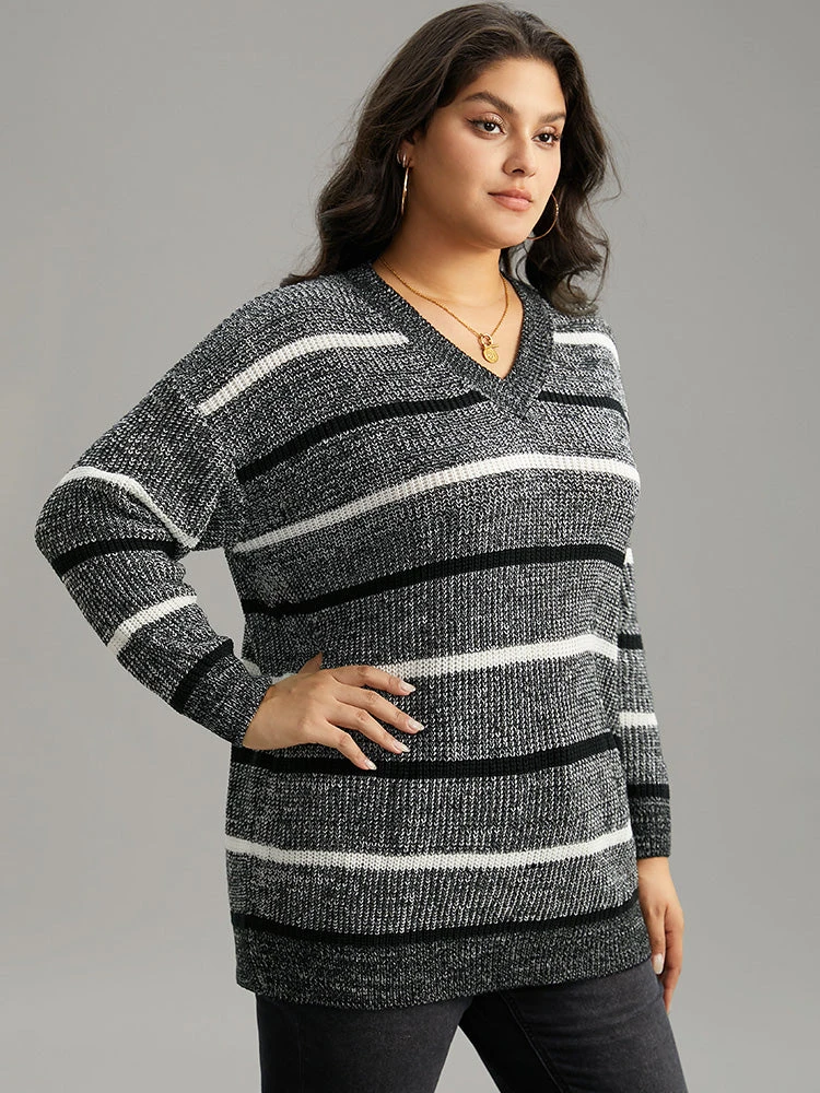 V Neck Striped Contrast Heather Pullover 5 V Neck Striped Contrast Heather Pullover - Image 3