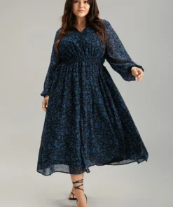 Chiffon Ditsy Floral Pocket Shirred Cuffs Dress