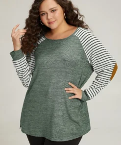 Striped Raglan Sleeve Patched Split Side T-shirt -Clothing Shop 364793331 ms 3e5b6303 d450 4376 b43d 5bc728843db9