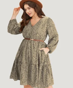 Leopard Lantern Sleeve V Neck Pocket Dress -Clothing Shop 364841585 rt