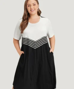 Striped Patchwork Flutter Colorblock Contrast Pocket Dress