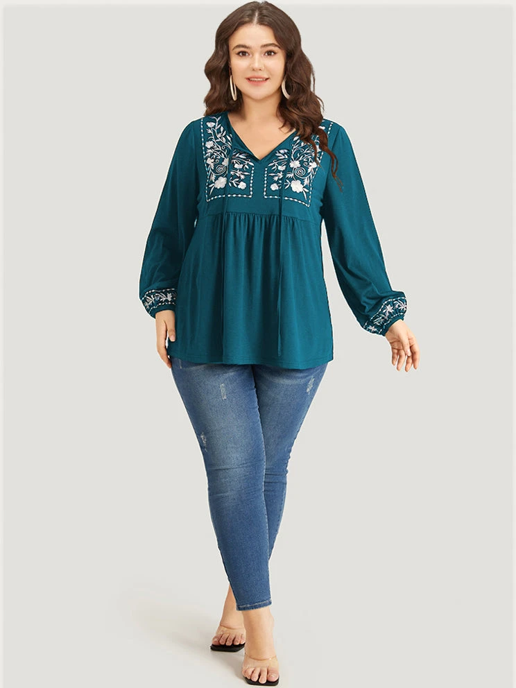 Floral Embroidered Knot Neck Lantern Sleeve T-shirt 16 Floral Embroidered Knot Neck Lantern Sleeve T-shirt - Image 14