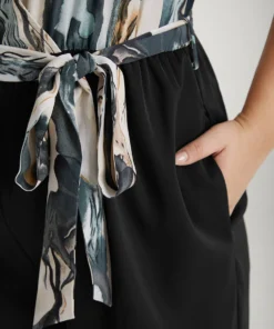 Marble Print Patchwork Wrap Ruffle Sleeve Belted Jumpsuit -Clothing Shop 365685490 xp