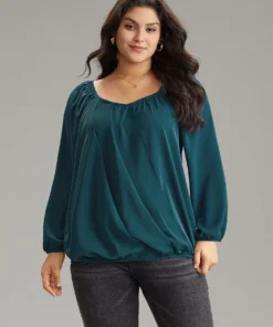 Static-Free Solid Lantern Sleeve Plicated Detail Blouse 10 Static-Free Solid Lantern Sleeve Plicated Detail Blouse -Clothing Shop 366130607 vq