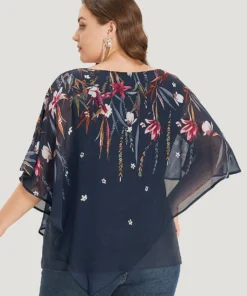 Floral Print Crochet Mesh Asymmetrical Batwing Sleeve Blouse 35 Floral Print Crochet Mesh Asymmetrical Batwing Sleeve Blouse -Clothing Shop 366251395 an