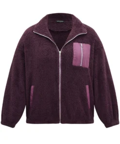 Contrast Zipper Pocket Teddy Jacket -Clothing Shop 3665085 xq