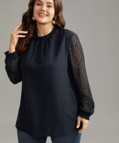 Plain Patchwork Mesh Shirred Frill Trim Blouse -Clothing Shop 367064742 pa