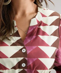 Geometric Shirred Button Up Ruffle Hem Dress -Clothing Shop 367595084 tv