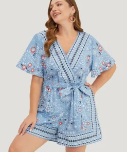 Bandana Print Belted Pocket Surplice Neck Romper -Clothing Shop 368075506 en