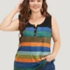 Rainbow Striped Notched Button Detail Arc Hem Tank Top