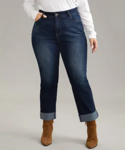 Solid Roll Hem Very Stretchy Straight Leg Jeans