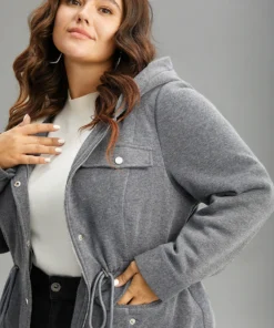 Solid Zipper Button Through Hooded Fluffy Coat -Clothing Shop 369272592 ax