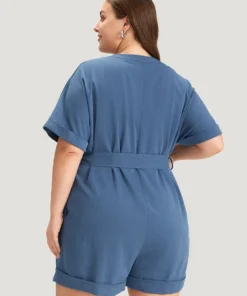 Anti-Wrinkle Solid Patched Pocket Notched Button Up Belt Romper -Clothing Shop 369769554 lc