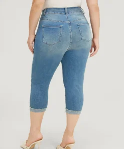 Very Stretchy High Rise Medium Wash Roll Hem Cropped Jeans -Clothing Shop 369909364 bc