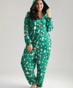 Christmas Graphic Hooded Pocket Sleep Jumpsuit