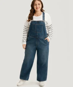 Solid Patched Pocket Button Down Overall Jeans